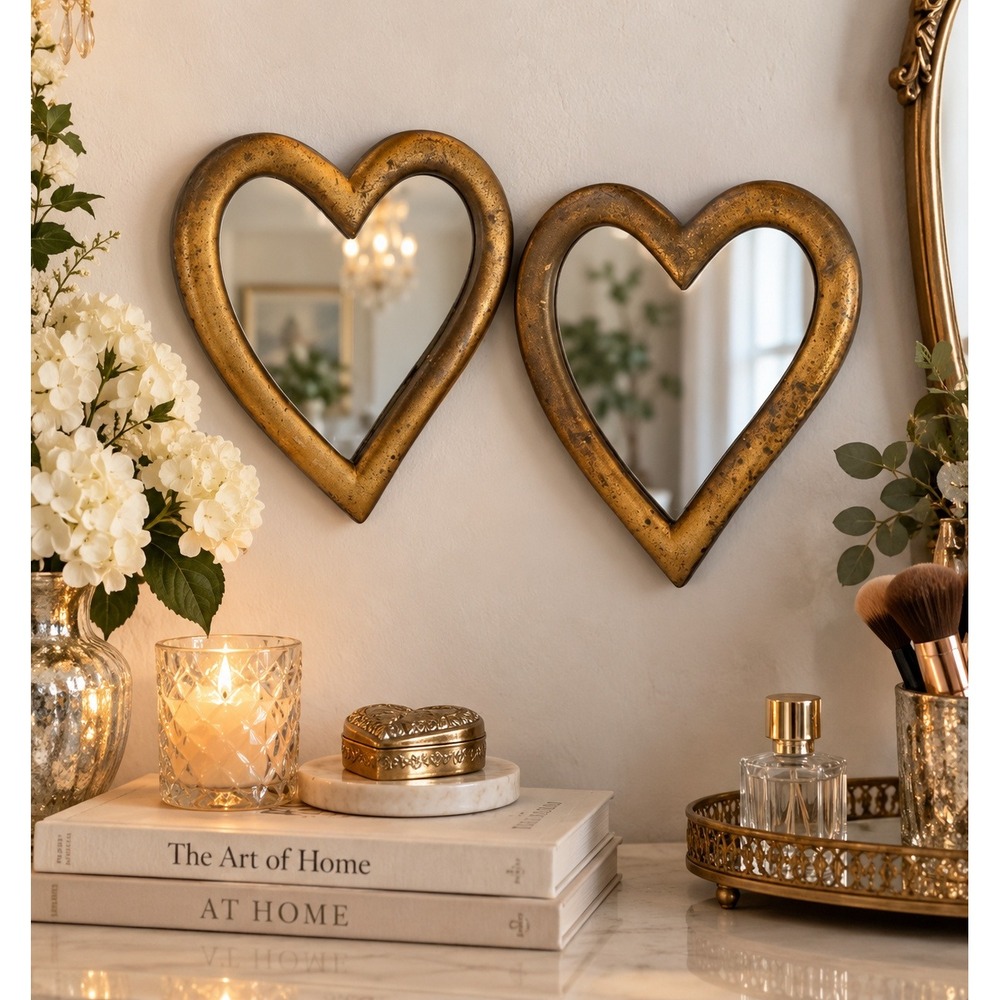 Vintage Gold Heart Wall Mirrors Set of 2 Antiqued Patina Romantic Decor